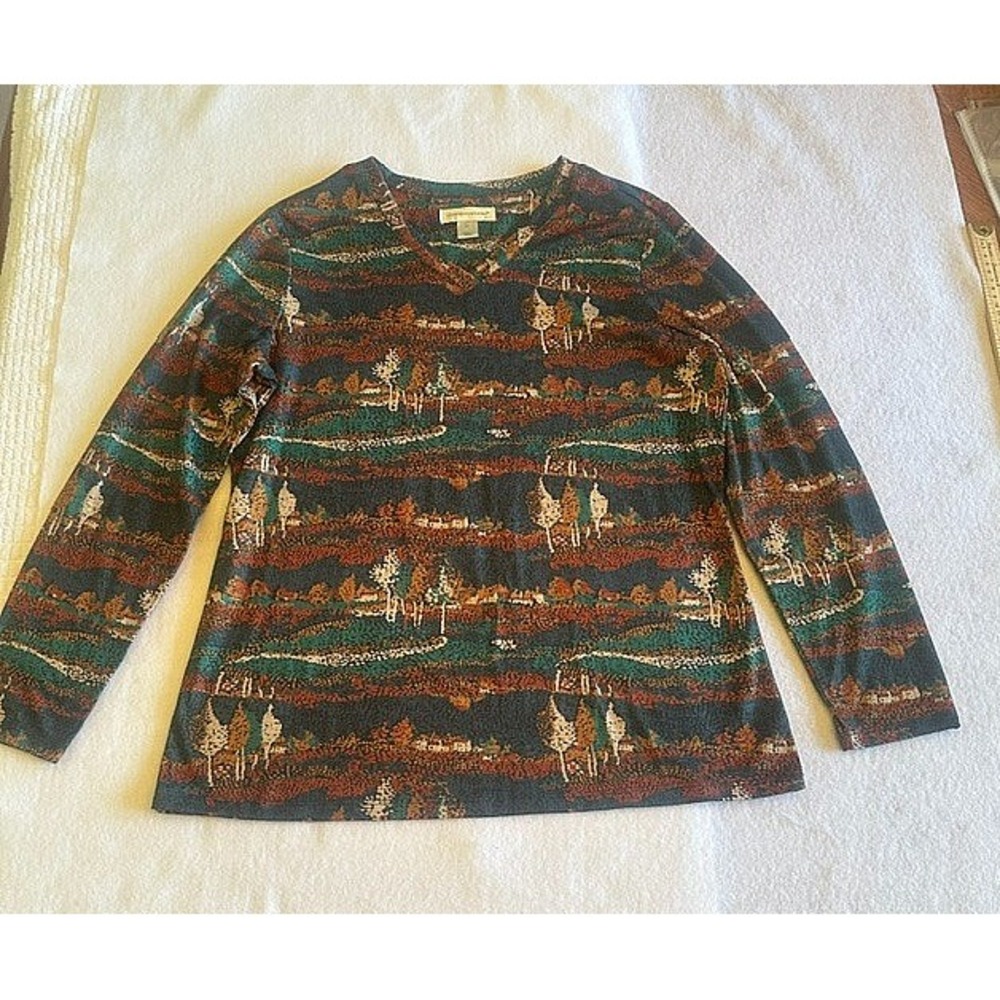 VTG Christopher Banks Top Womens M Scenic Landscape Western Long Sleeve Folk Art